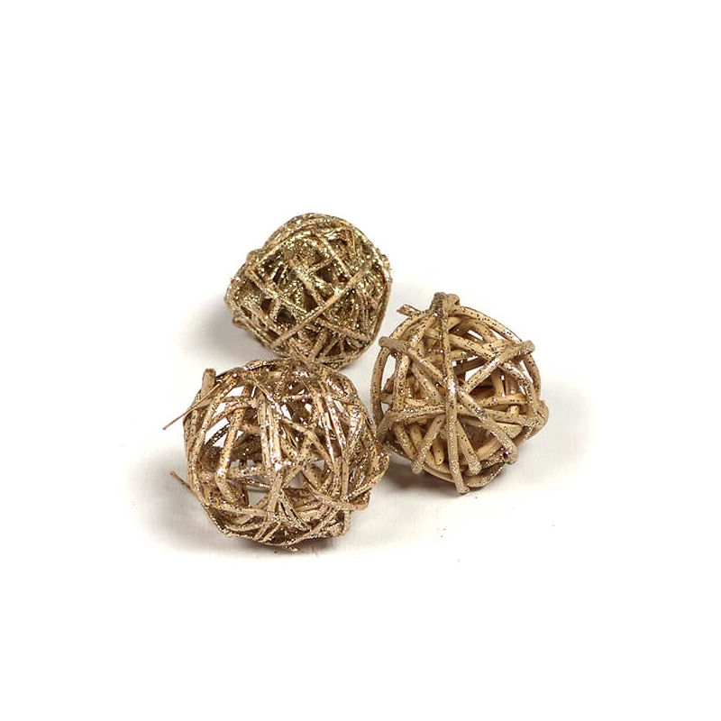 Suché plody - Loptička z prútikov, prírodná šampanská trblietavá, 3 cm, 3 ks