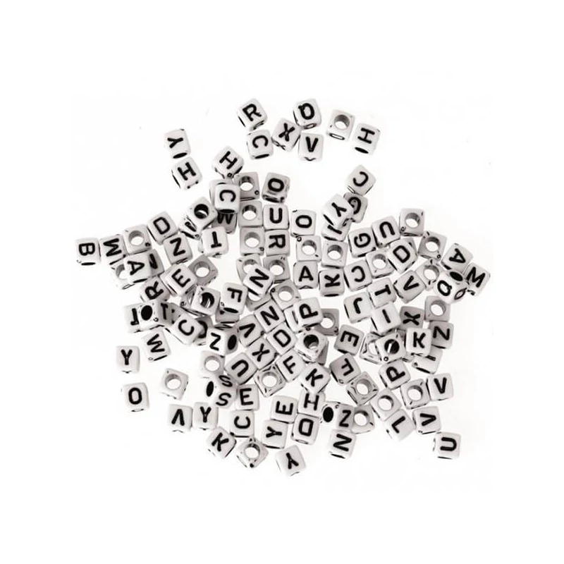 Plastové písmenkové koráliky, 7 mm - bielo-čierne
