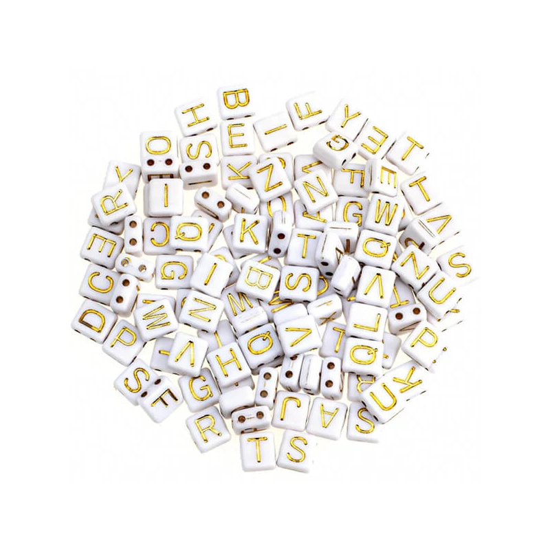 Plastové písmenkové koráliky, 7x8 mm - bielo-zlaté, dve dierky