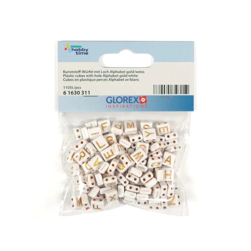 Plastové písmenkové koráliky, 7x8 mm - bielo-zlaté, dve dierky