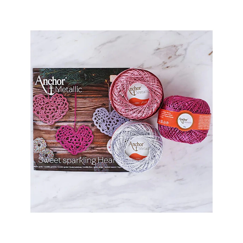 Háčkovacia sada, Anchor Metallic - Srdce, ružová, pink, strieborná
