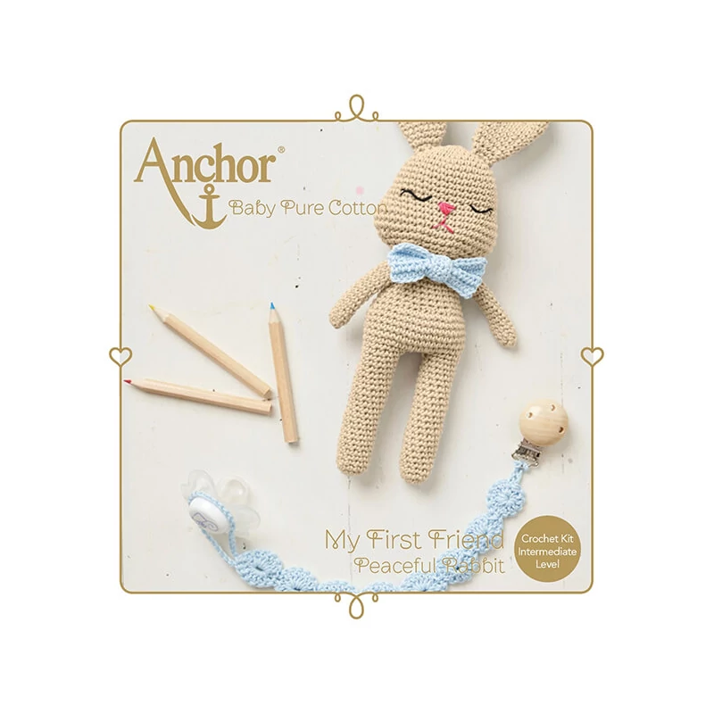 Háčkovacia sada, figúrka Anchor Baby Pure Cotton Amigurumi - Pokojný zajačik a retiazka na cumlík