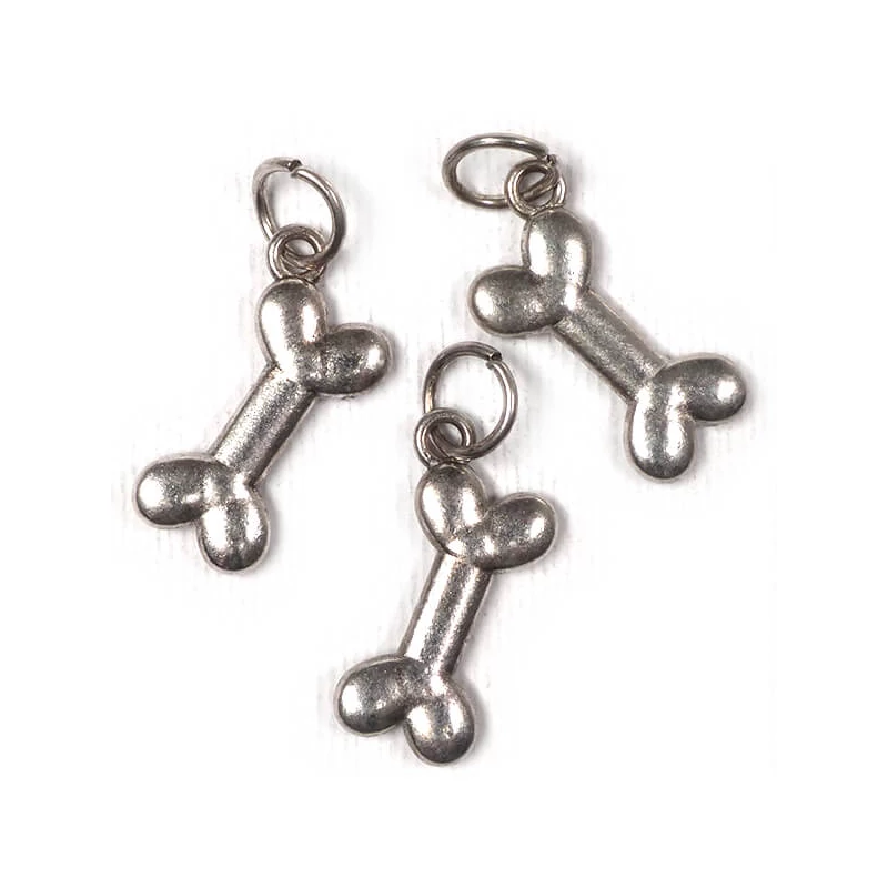 Charm kovová ozdoba, 3 ks - kosť pre psa s montážnym krúžkom, 3D