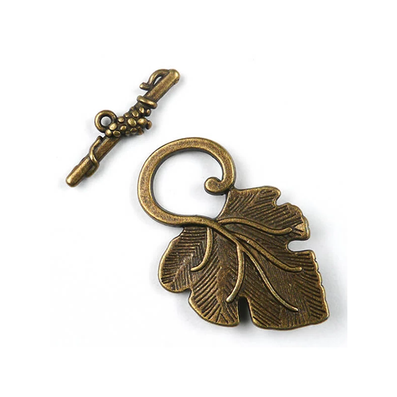 Charm kovová ozdoba, 2 páry - T-klip, hroznový list, antik