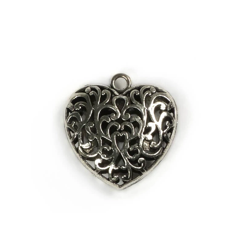 Charm kovová ozdoba, 1 ks - srdce, 3D, ažúr