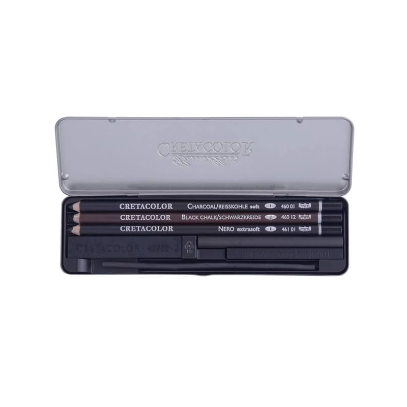 Sada uhlia na kreslenie Cretacolor Charcoal Pocket Set Sada, 8 kusov, v kovovej krabičke