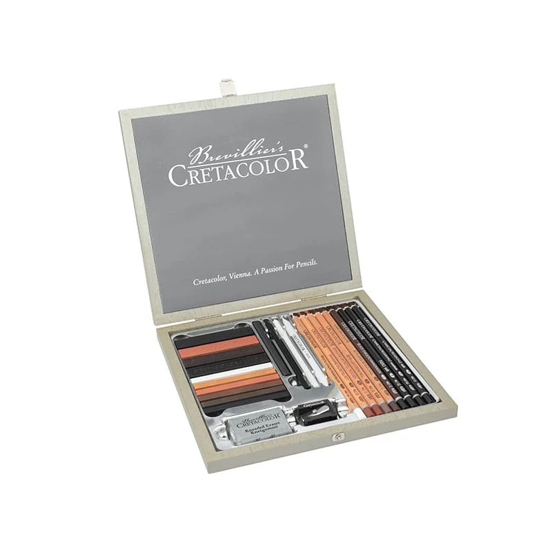 Kresliaci a skicovací set Cretacolor Passion Box, 25 kusov, v drevenej krabičke
