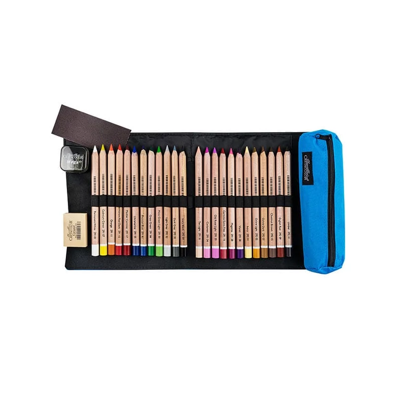 Kresliaca sada v sklopnom plátennom držiaku Cretacolor Pencil Wrap Set - MegaColor, 28 ks- ová