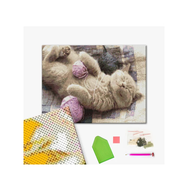Diamantové mozaikové puzzle, na napnutom plátne, 40x50 cm - Mačka s pradienkom