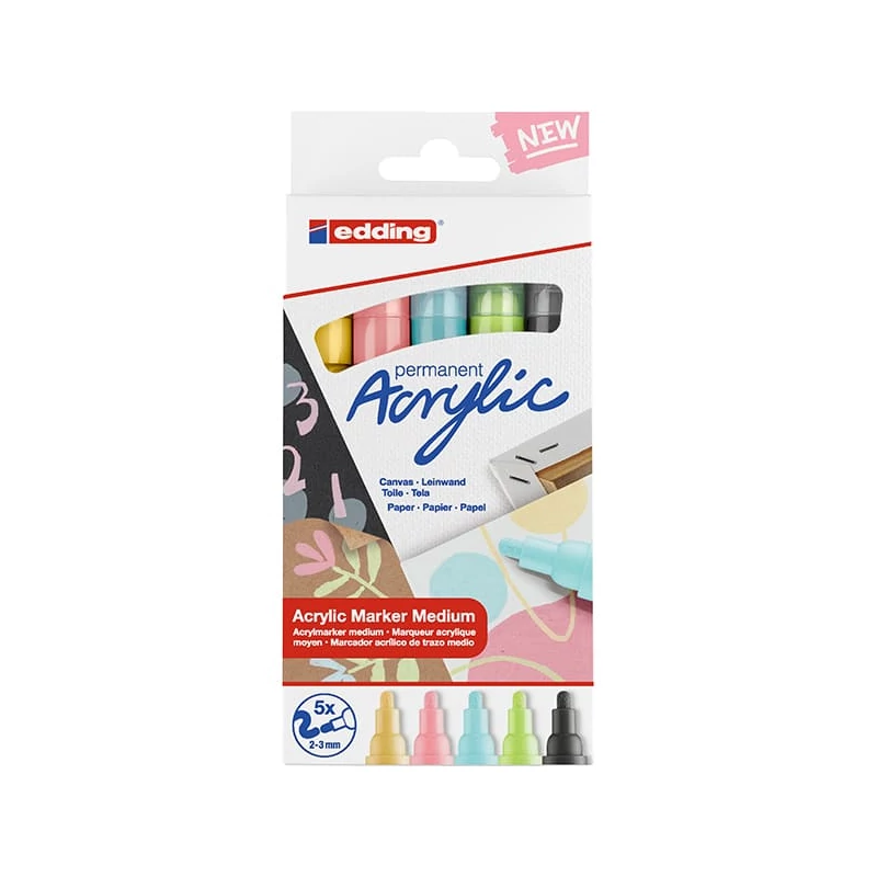 Akrylový popisovač edding 5100 (marker) sada, M (2-3 mm) - 5 ks, pastelová