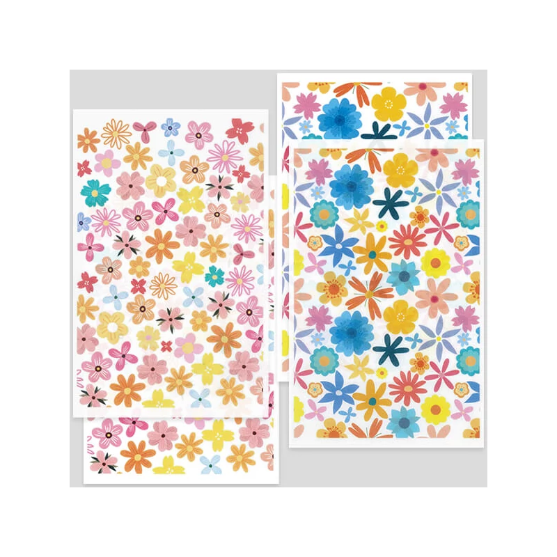 Prenosový papier na pečenie plastelíny, 9x14 cm, 2x2 ks - štylizované farebné kvety - malé, veľké
