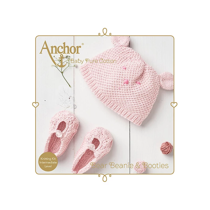 Pletacia sada, Anchor Baby Pure Cotton - Čiapka a topánky, ružová