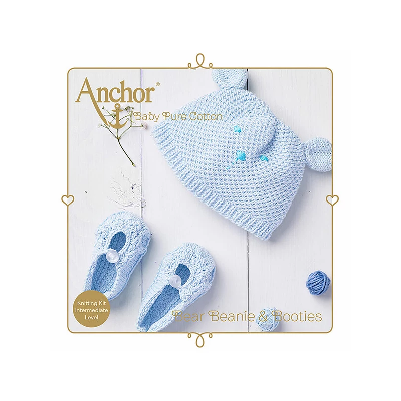 Pletacia sada, Anchor Baby Pure Cotton - Čiapka a topánky, modrá