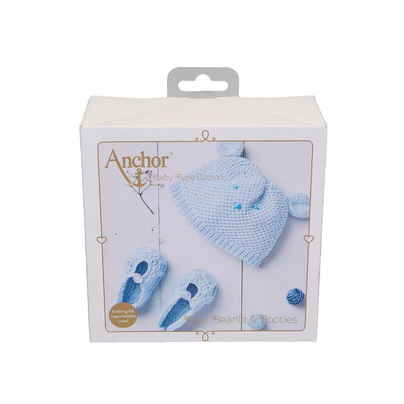 Pletacia sada, Anchor Baby Pure Cotton - Čiapka a topánky, modrá