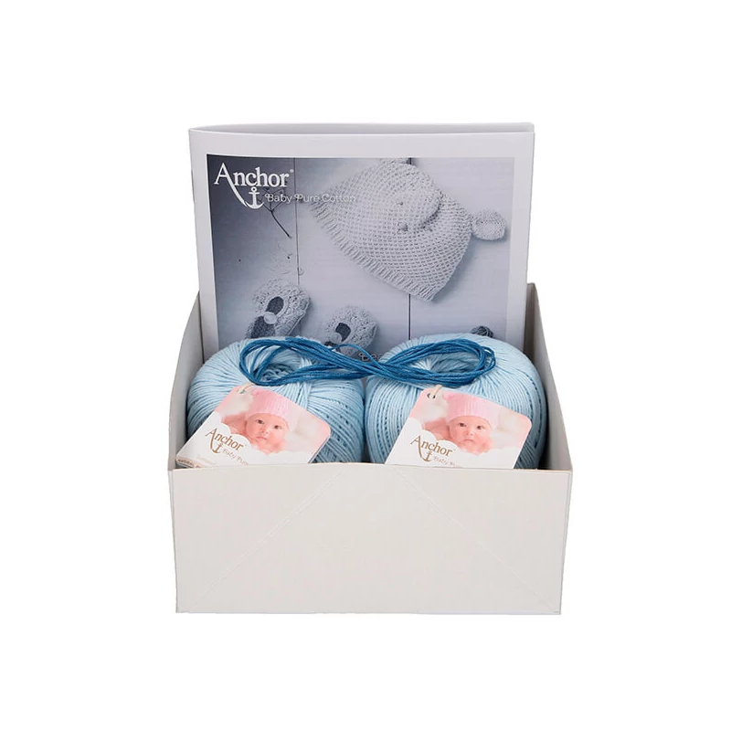 Pletacia sada, Anchor Baby Pure Cotton - Čiapka a topánky, modrá
