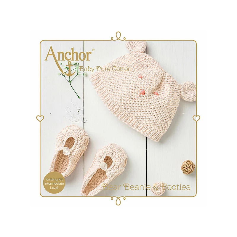 Pletacia sada, Anchor Baby Pure Cotton - Čiapka a topánky, béžová