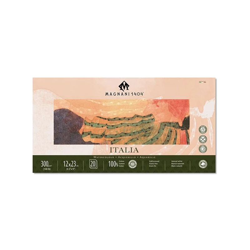 Akvarelový blok Magnani Italia, 100% bavlna, 300 g, 12x23 cm, 20 listov, polohrubý