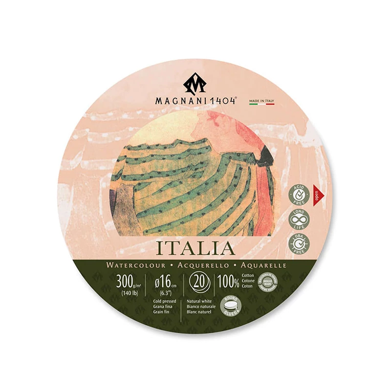 Akvarelový blok Magnani Italia, 100% bavlna, 300 g, 16 cm okrúhly, 20 listov, polohrubý