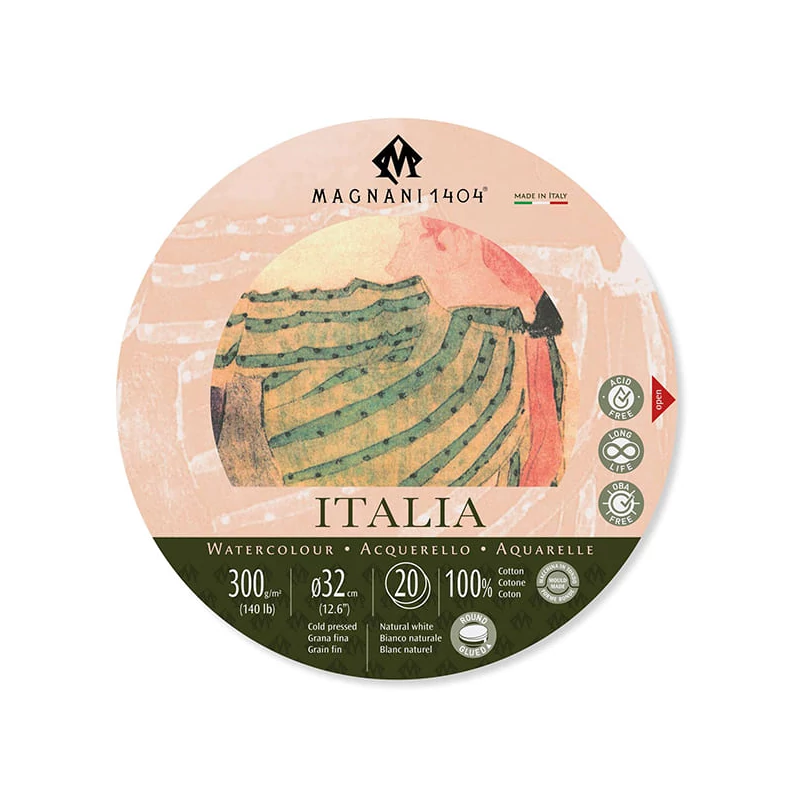 Akvarelový blok Magnani Italia, 100% bavlna, 300 g, 32 cm okrúhly, 20 listov, polohrubý