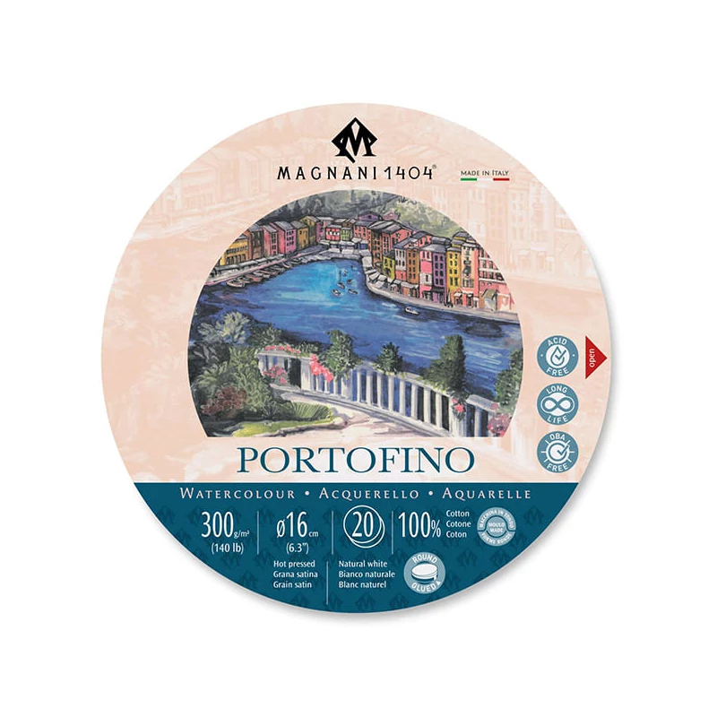 Akvarelový blok Magnani Portofino, 100% bavlna, 300 g, 16 cm okrúhly, 20 listov, hladký