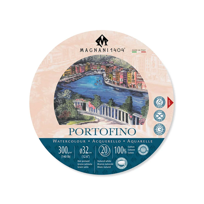 Akvarelový blok Magnani Portofino, 100% bavlna, 300 g, 32 cm okrúhly, 20 listov, hladký