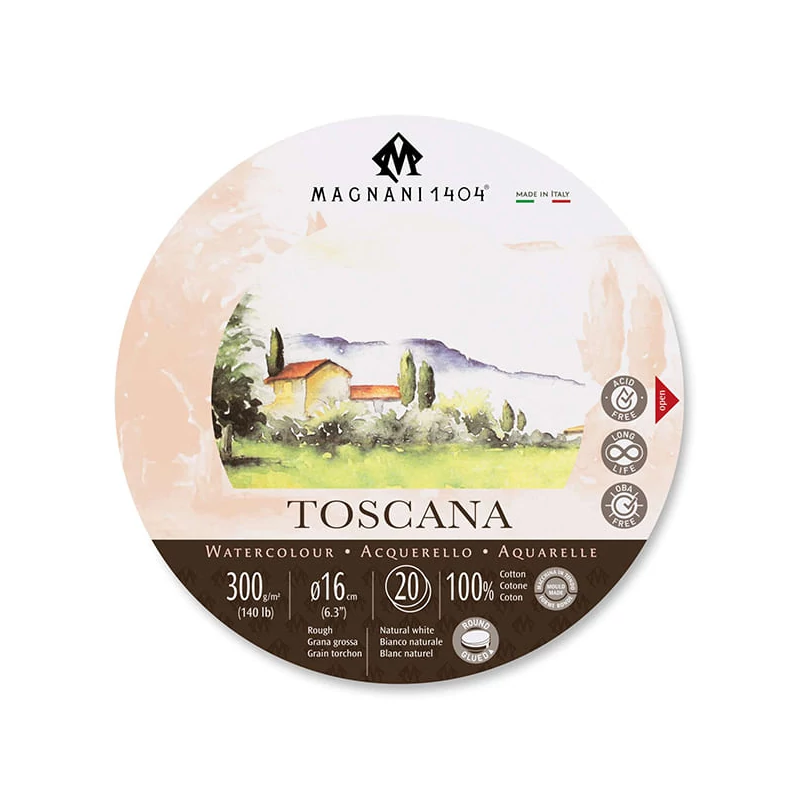 Akvarelový blok Magnani Toscana, 100% bavlna, 300 g, 16 cm okrúhly, 20 listov, hrubý