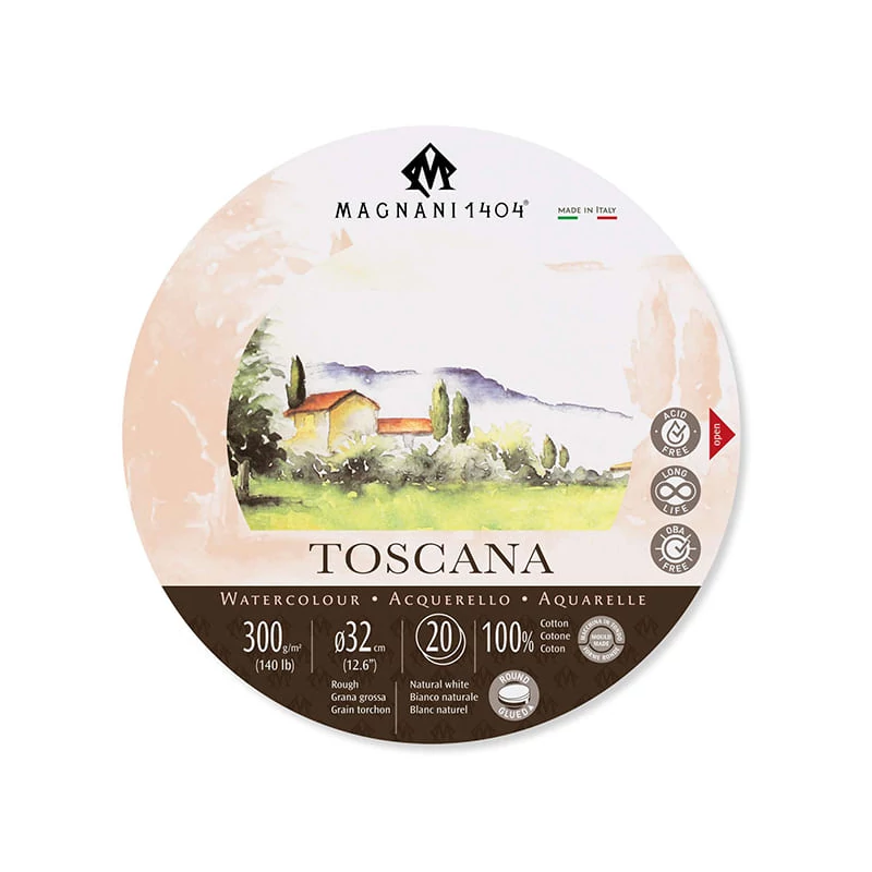 Akvarelový blok Magnani Toscana, 100% bavlna, 300 g, 32 cm okrúhla, 20 listov, hrubý