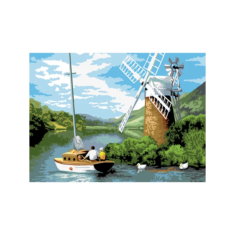 Sada očíslovaných omaľovánok, akrylová farba+štetec, 29x39 cm - Veterný mlyn na rieke