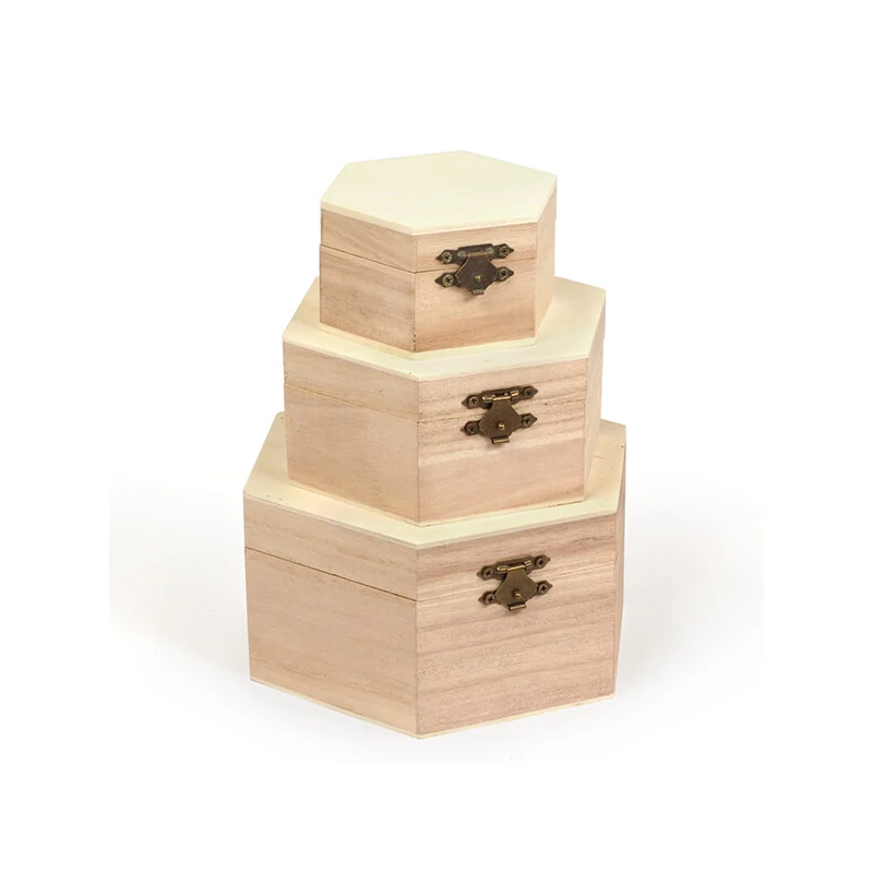 Sada drevených krabičiek- 3 ks, šesťhranné, 16x16x8/13x13x6/9x9x5 cm