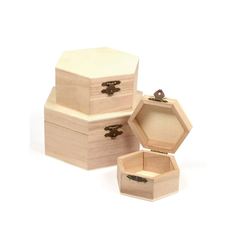 Sada drevených krabičiek- 3 ks, šesťhranné, 16x16x8/13x13x6/9x9x5 cm