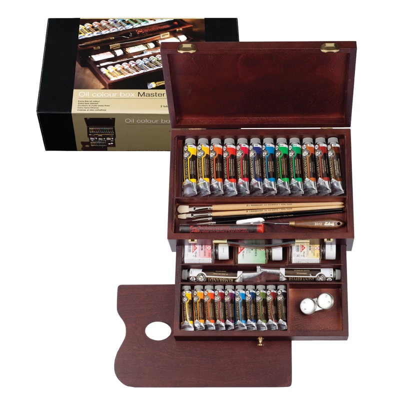 Sada olejových farieb Talens Rembrandt, Master - 10x15 ml + 12x40 ml + 2x60 ml + doplnky, v drevenej krabičke