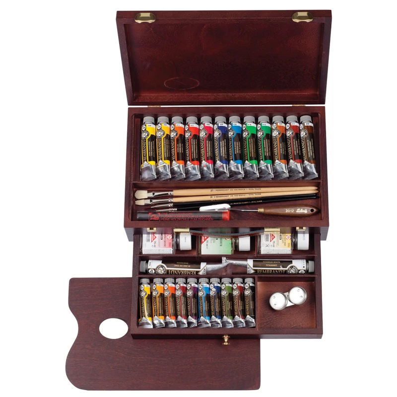 Sada olejových farieb Talens Rembrandt, Master - 10x15 ml + 12x40 ml + 2x60 ml + doplnky, v drevenej krabičke