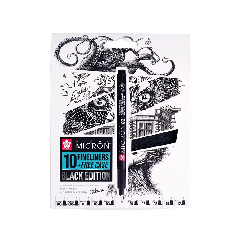 Sada technických kresliacich pier Sakura Pigma Micron - sada 10 ks + peračník, Black Edition