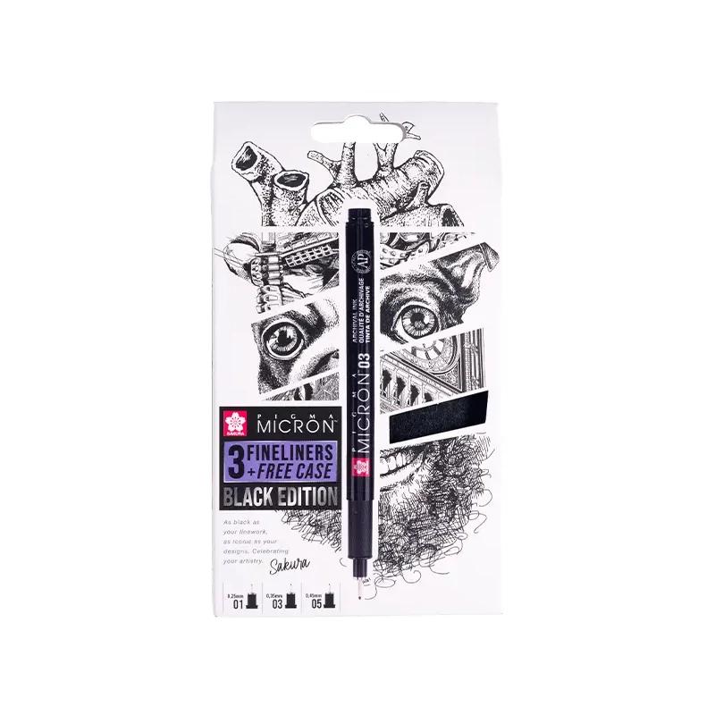 Sada technických kresliacich pier Sakura Pigma Micron - sada 3 ks + peračník, Black Edition