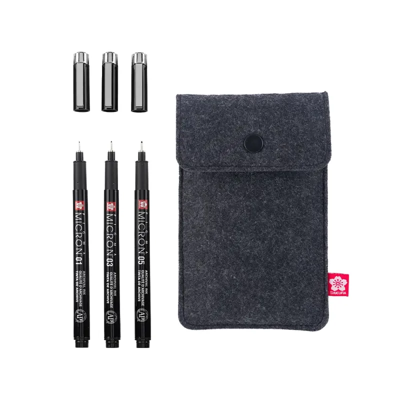 Sada technických kresliacich pier Sakura Pigma Micron - sada 3 ks + peračník, Black Edition