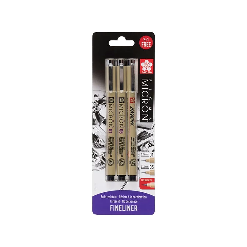 Sada technických pier a štetcov Sakura Pigma Micron - 3 ks