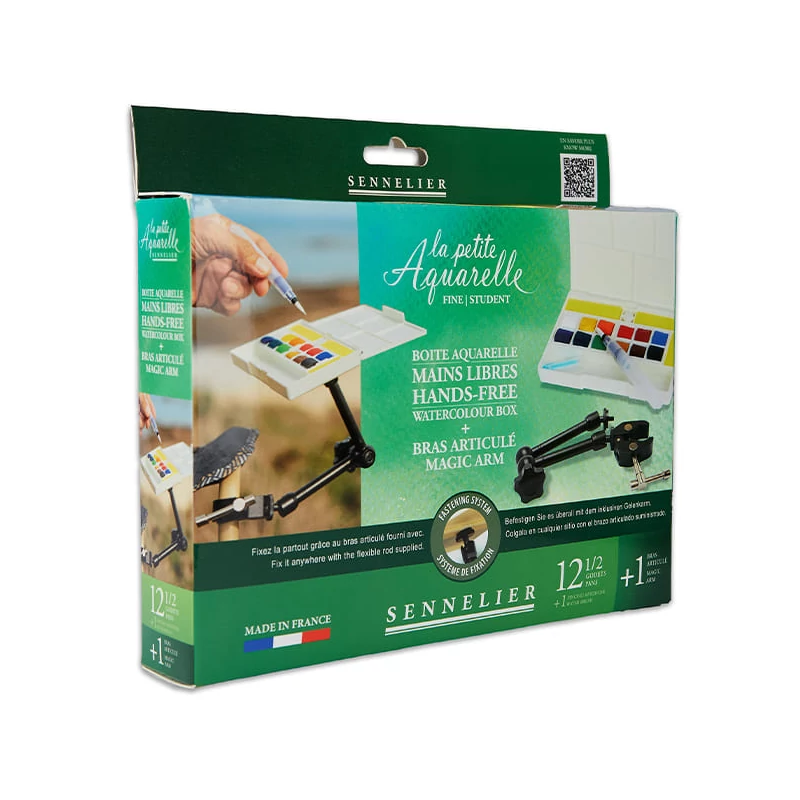 Sada akvarelových farieb Sennelier la petite Aquarelle - 12x1/2 panvičiek + štetec s nádržkou na vodu + magic arm, Hands-free