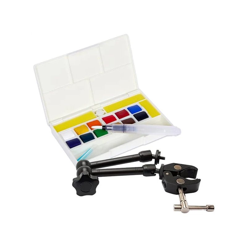 Sada akvarelových farieb Sennelier la petite Aquarelle - 12x1/2 panvičiek + štetec s nádržkou na vodu + magic arm, Hands-free