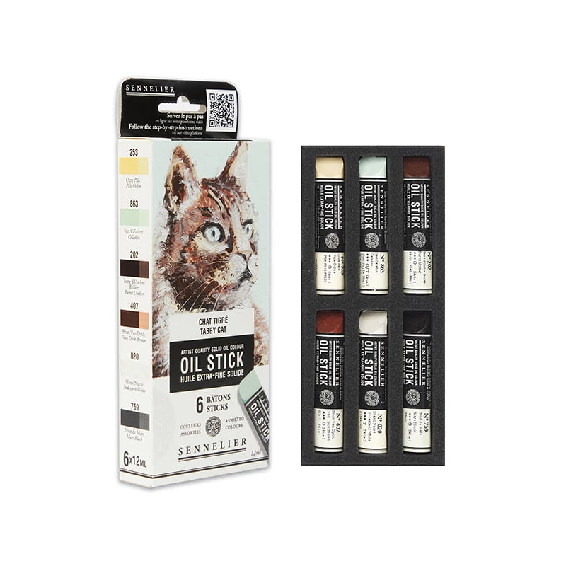 Sada olejových farieb v tvare tyčinky Sennelier Oil Stick - 6x12 ml, tabby cat