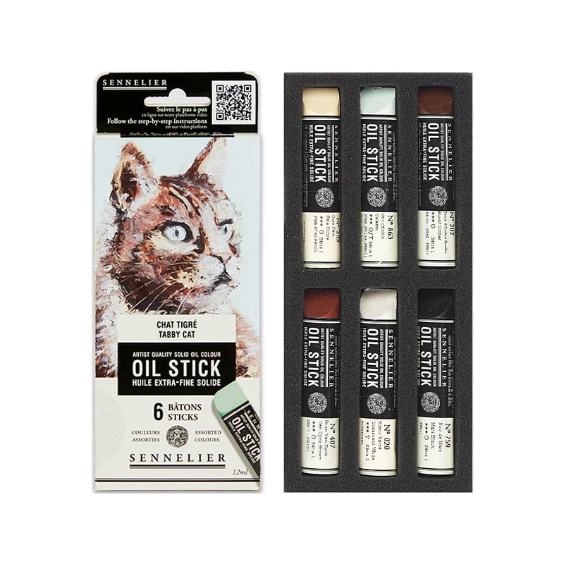 Sada olejových farieb v tvare tyčinky Sennelier Oil Stick - 6x12 ml, tabby cat