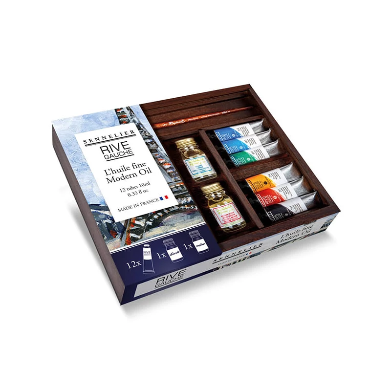 Sada olejových farieb Sennelier Rive Gauche, 12x10 ml + doplnky, v drevenej krabičke