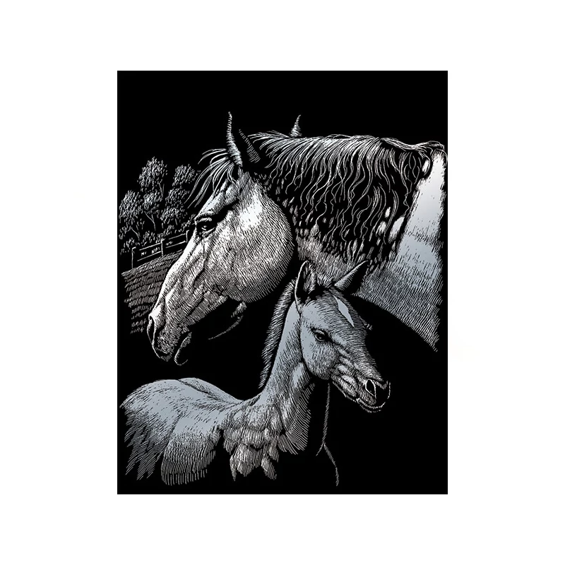 Sada na gravírovanie obrázkov s rysovacou ihlou, 20x25 cm - Kone, strieborná