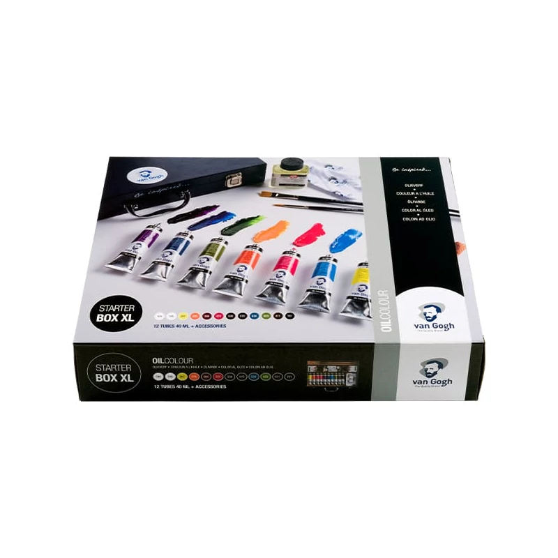 Sada na maľovanie olejovými farbami Talens Van Gogh - Starter Box XL: 12x40 ml + doplnky, v drevenej škatuľke