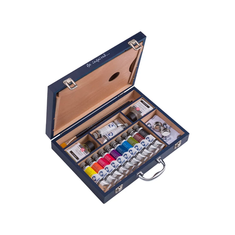 Sada na maľovanie olejovými farbami Talens Van Gogh - Starter Box XL: 12x40 ml + doplnky, v drevenej škatuľke