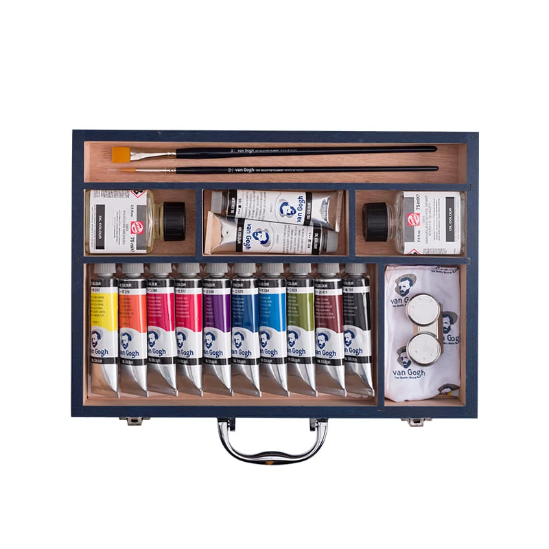 Sada na maľovanie olejovými farbami Talens Van Gogh - Starter Box XL: 12x40 ml + doplnky, v drevenej škatuľke