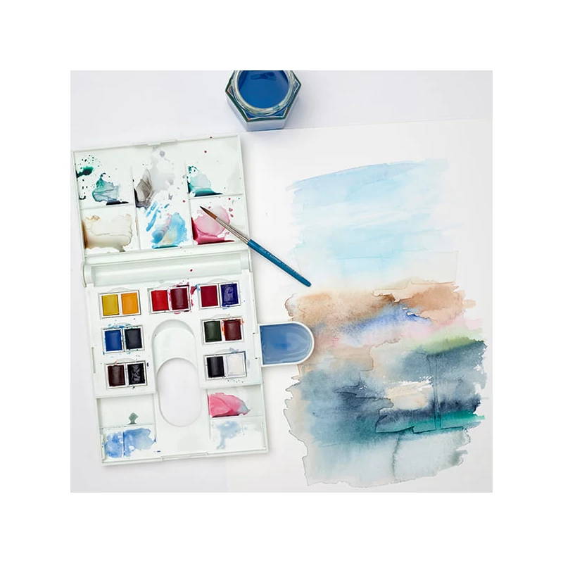 Sada akvarelových farieb Winsor&Newton Cotman Compact Box, 14x1/2 panvičky + štetec