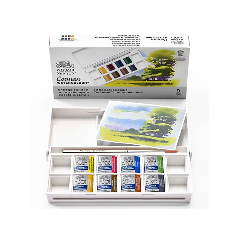 Sada akvarelových farieb Winsor&Newton Cotman Pocket Set, 8x1/2 panvičiek+ štetec - Landscape