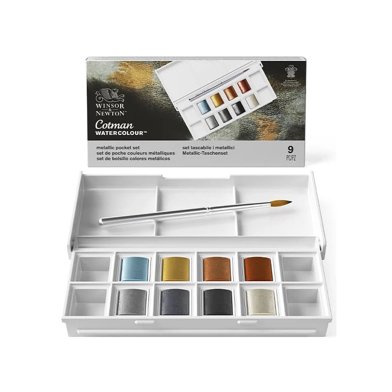Sada akvarelových farieb Winsor&Newton Cotman Pocket Set, 8x1/2 panvičiek+ štetec- Metallic
